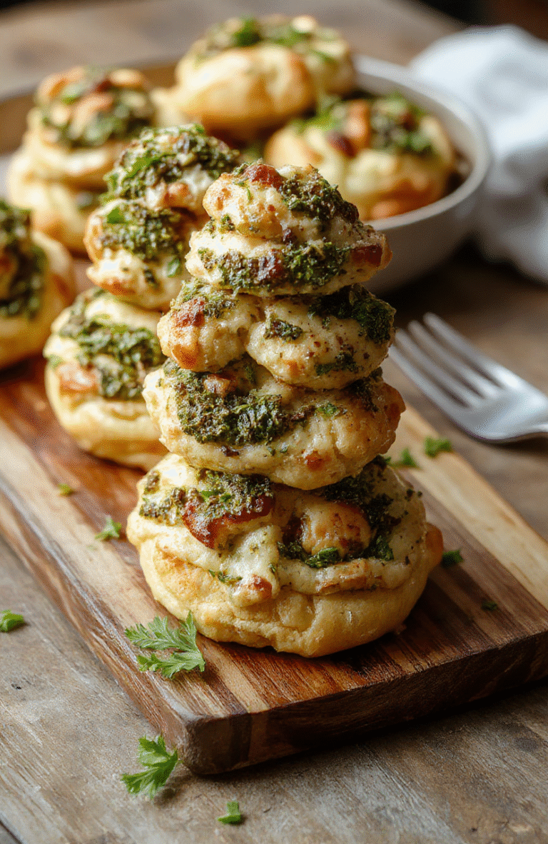 A golden-brown puff pastry tree decorated with vibrant green basil pesto, cherry tomato accents, and grated cheese, styled on a rustic wooden board with fresh herbs around, showcasing crispy textures and colorful toppings