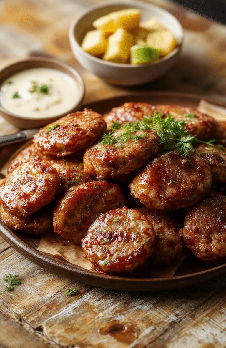 A close-up of golden brown savory sausage bites arranged on a white platter with fresh herbs, showcasing crispy edges and juicy interiors, styled casually on a rustic wooden table, with a blurred background of breakfast ingredients and a cozy kitchen setting.