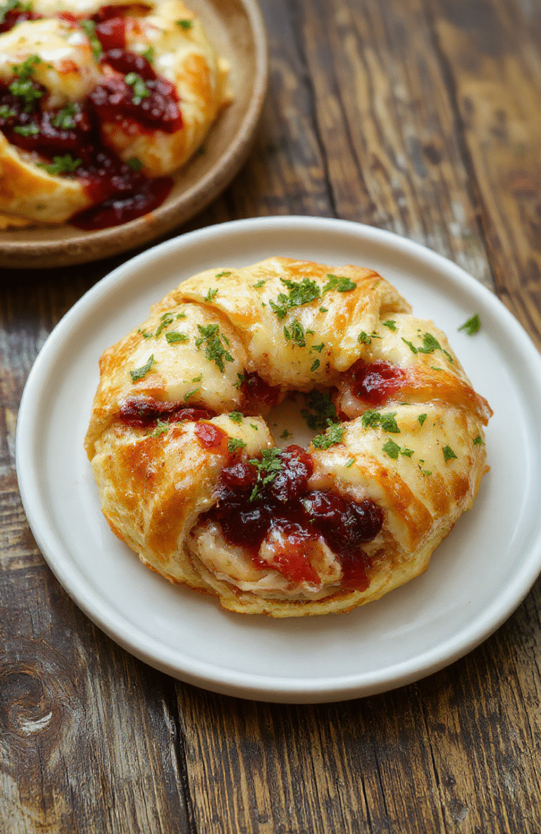 A golden crescent-shaped ring filled with turkey, cranberry sauce, and herbs, topped with melted cheese, arranged beautifully on a white plate, garnished with fresh herbs. The dish is vibrant with red cranberry and green herbs contrasting against the golden pastry, styled simply for an inviting holiday party presentation.