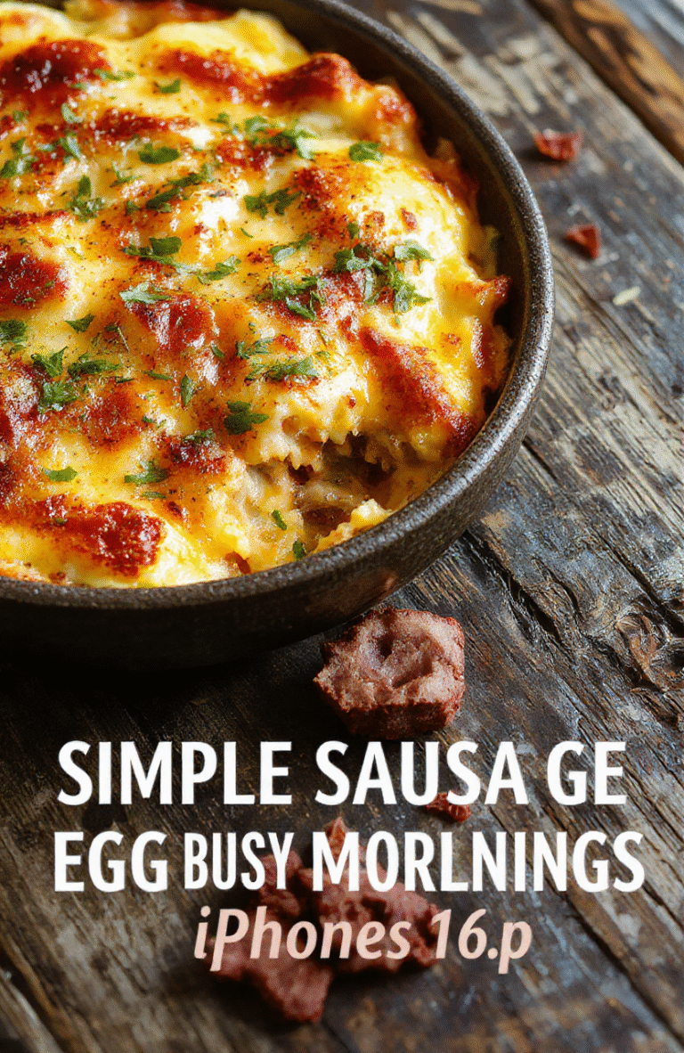 A colorful, freshly baked sausage egg casserole served in a white baking dish, topped with melted cheese and chopped herbs. The casserole features golden-brown edges, fluffy eggs, crumbled sausage, and vibrant green herbs, styled on a rustic wooden table with natural daylight highlighting the textures and colors.