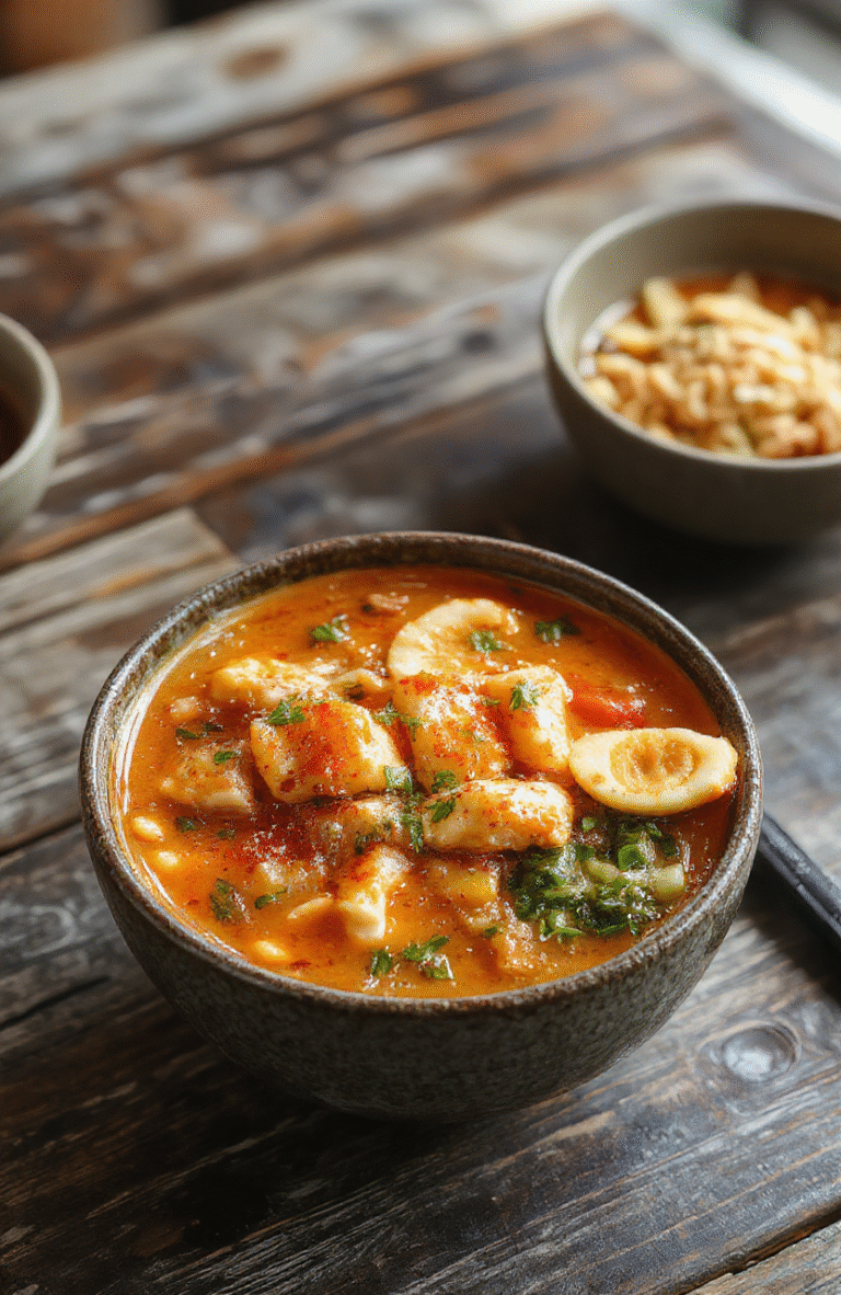 A vibrant bowl of spicy chicken ramen featuring tender sliced chicken, soft-boiled eggs, colorful vegetables, and thick, creamy broth, artfully plated with garnishes of green onions and chili flakes, styled on a rustic wooden table with steam rising.