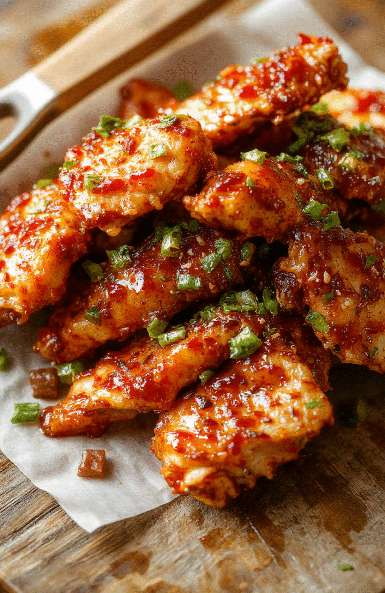 A vibrant plate of spicy firecracker chicken featuring crispy golden chicken pieces coated in a glossy, fiery red sauce with chili flakes and sliced green onions, garnished with sesame seeds on a rustic wooden board.