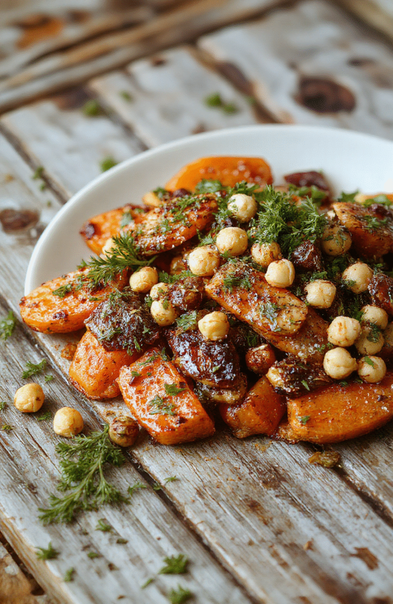Colorful roasted carrots glistening with spices, served alongside golden crispy chickpeas on a rustic white plate, with a vibrant background of fresh herbs and a wooden table, showing textures of caramelized edges and crunchy chickpeas, styled simply and invitingly.