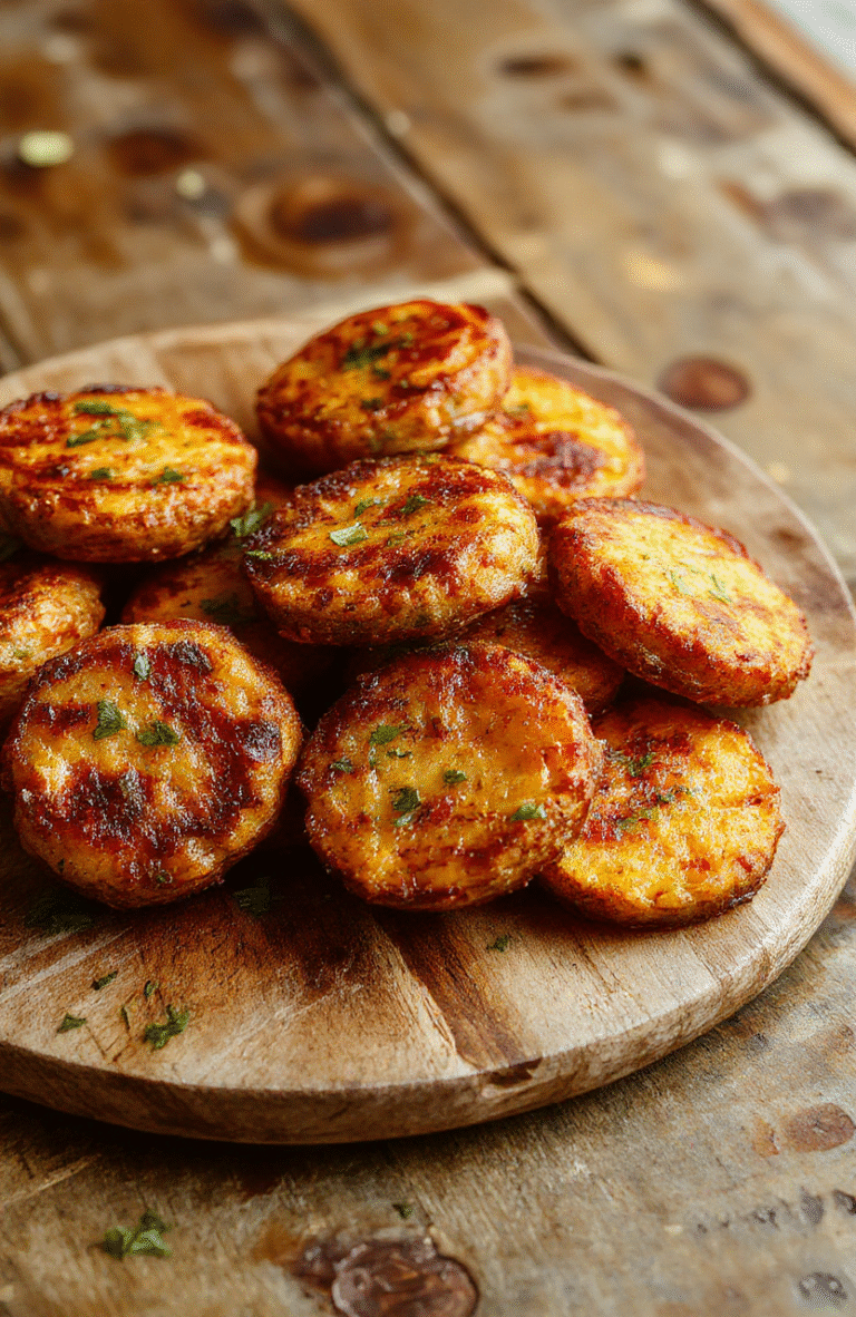 Colorful plate of golden-brown sweet potato rounds arranged in a circular pattern, garnished with herbs and a drizzle of sauce, with a rustic wooden table background, highlighting the crispy texture and vibrant orange of the potatoes.