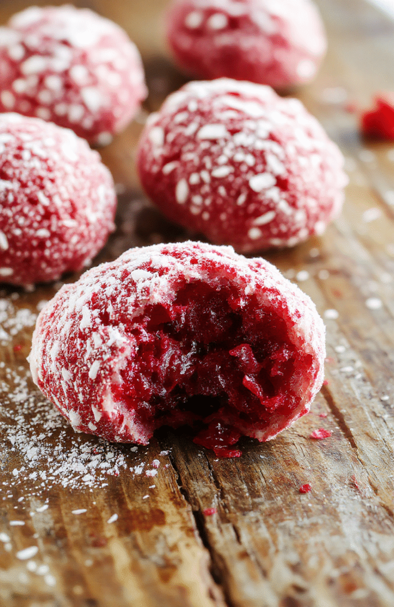 A plate of sweet raspberry snowballs featuring fluffy, dusted powdered sugar, arranged on a festive holiday-themed plate. The snowballs are round, coated in fine powdered sugar, with vibrant raspberry centers peeking through. The background showcases holiday decor with warm lighting, creating a cozy and inviting atmosphere. Textured surfaces contrast with the smooth coating, emphasizing the soft interior and light exterior.