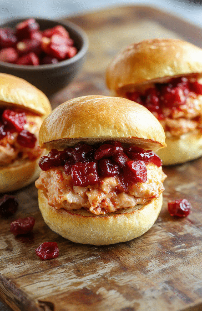 Colorful turkey cranberry sliders plated on a white dish, topped with fresh parsley, with a side of cranberry relish and melted cheese, showcasing textures of toasted buns, juicy turkey, and vibrant cranberries, styled with a festive holiday backdrop.