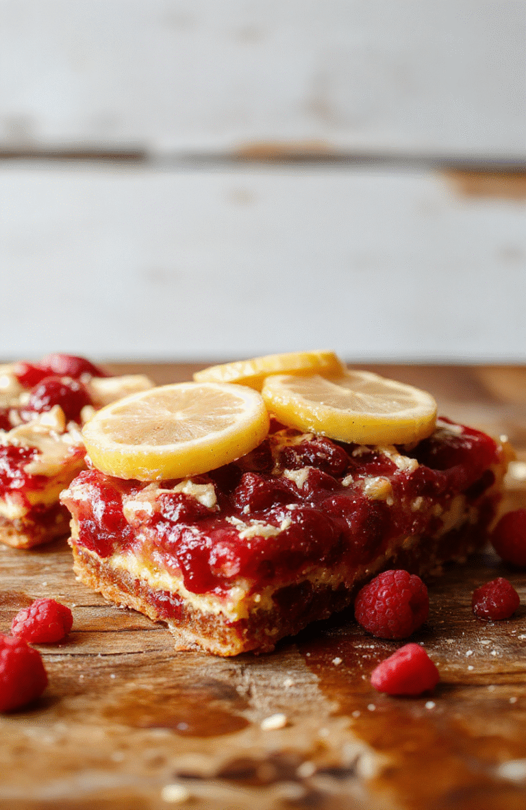 Colorful cranberry and lemon bars arranged on a rustic white plate with fresh lemon slices and cranberry garnish, showcasing glossy, vibrant red and yellow textures, dusted with powdered sugar, styled simply on a wooden surface with natural daylight illuminating the dish.