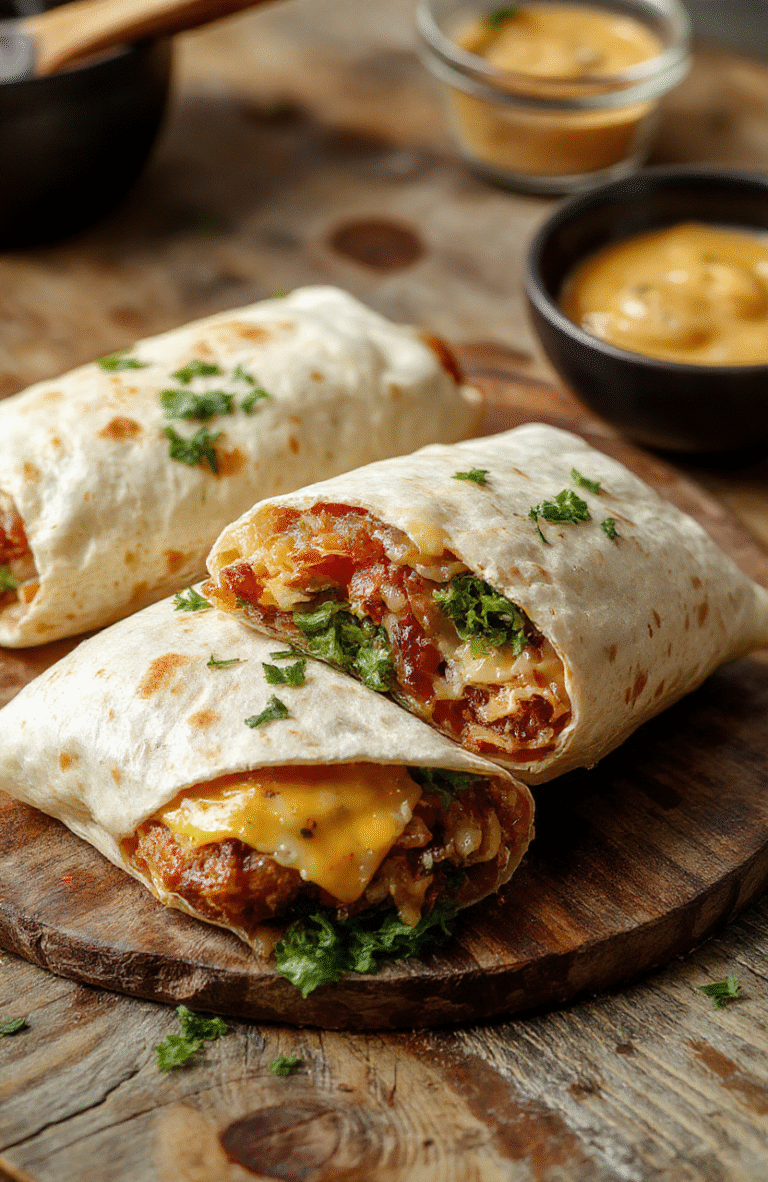 A vibrant close-up of a freshly made BLT wrap sliced in half, displaying crispy bacon, fresh green lettuce, ripe tomato slices, all wrapped in a soft tortilla on a rustic wooden surface, styled casually with natural daylight highlighting textures.