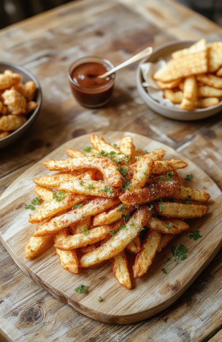 Colorful array of crispy golden French fries arranged on a large wooden serving board, topped with assorted dips, seasonings, and garnishes. The fries are thick-cut with a textured, crispy exterior and fluffy interior. Surrounding the fries are small bowls of ketchup, aioli, cheese sauce, and scattered herbs, styled casually with a rustic background and soft natural lighting.