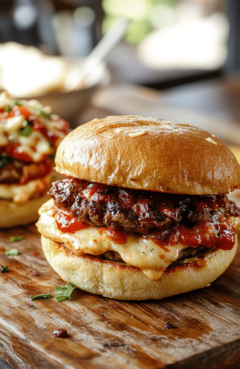 Colorful pizza burgers arranged on a rustic wooden board, topped with melted cheese, fresh basil, and vibrant tomato sauce, showcasing crispy edges and gooey au gratin texture, styled with scattered herbs and side sauces, inviting and appetizing.