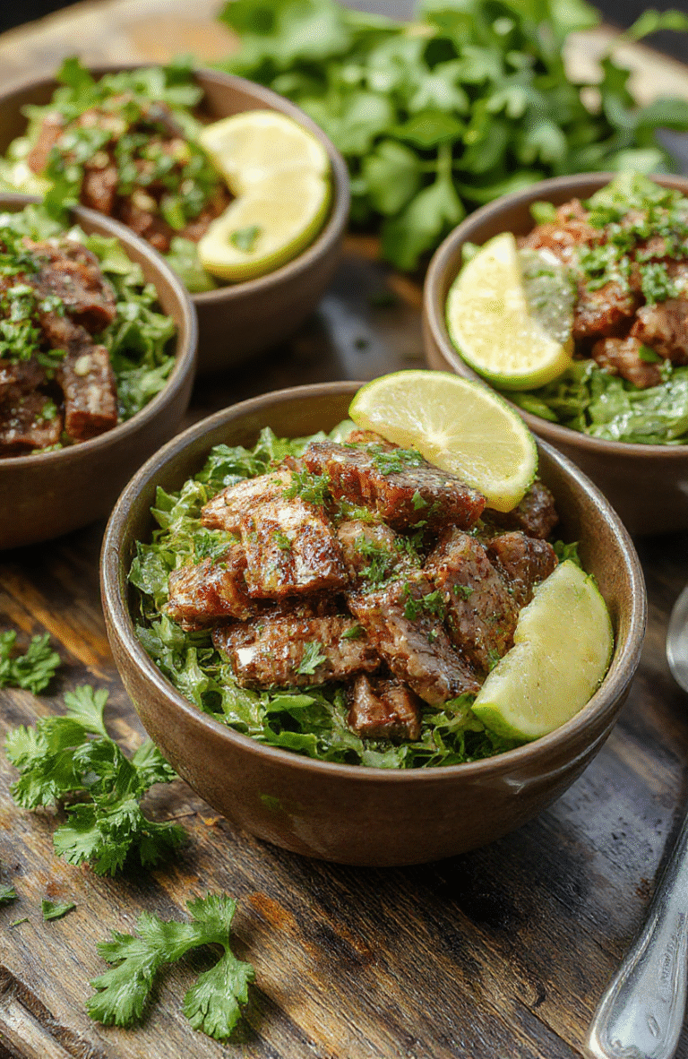 Colorful Zesty Cilantro Lime Steak Bowls arranged on a rustic wooden table with fresh lime wedges, chopped cilantro, and vibrant vegetables. The steak is grilled to perfection with seared grill marks, topped with lime zest and cilantro leaves. The bowls are filled with rice, grilled steak slices, and fresh toppings, styled casually with natural lighting highlighting their textures and bright colors.