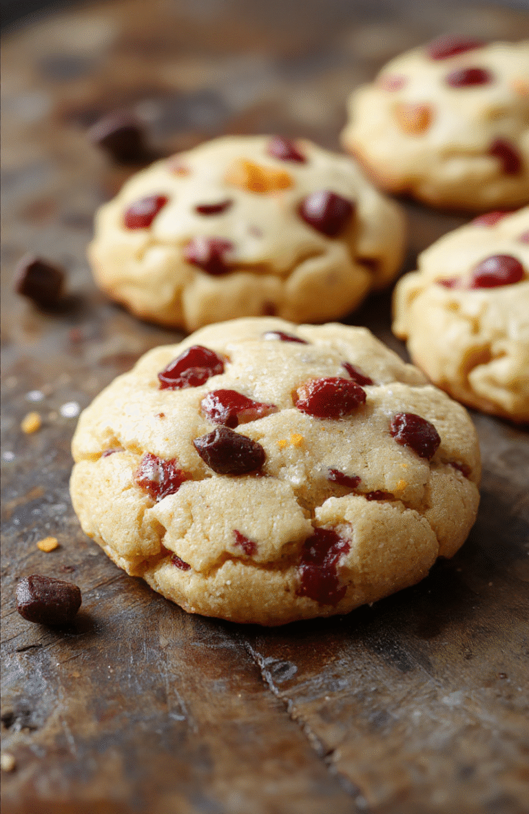 A vibrant plate of Zesty Orange Cranberry Cookies with bright orange and deep red cranberries, garnished with fresh orange zest and a sprinkle of sugar, arranged on a rustic wooden platter with a soft focus background for a cozy holiday vibe.