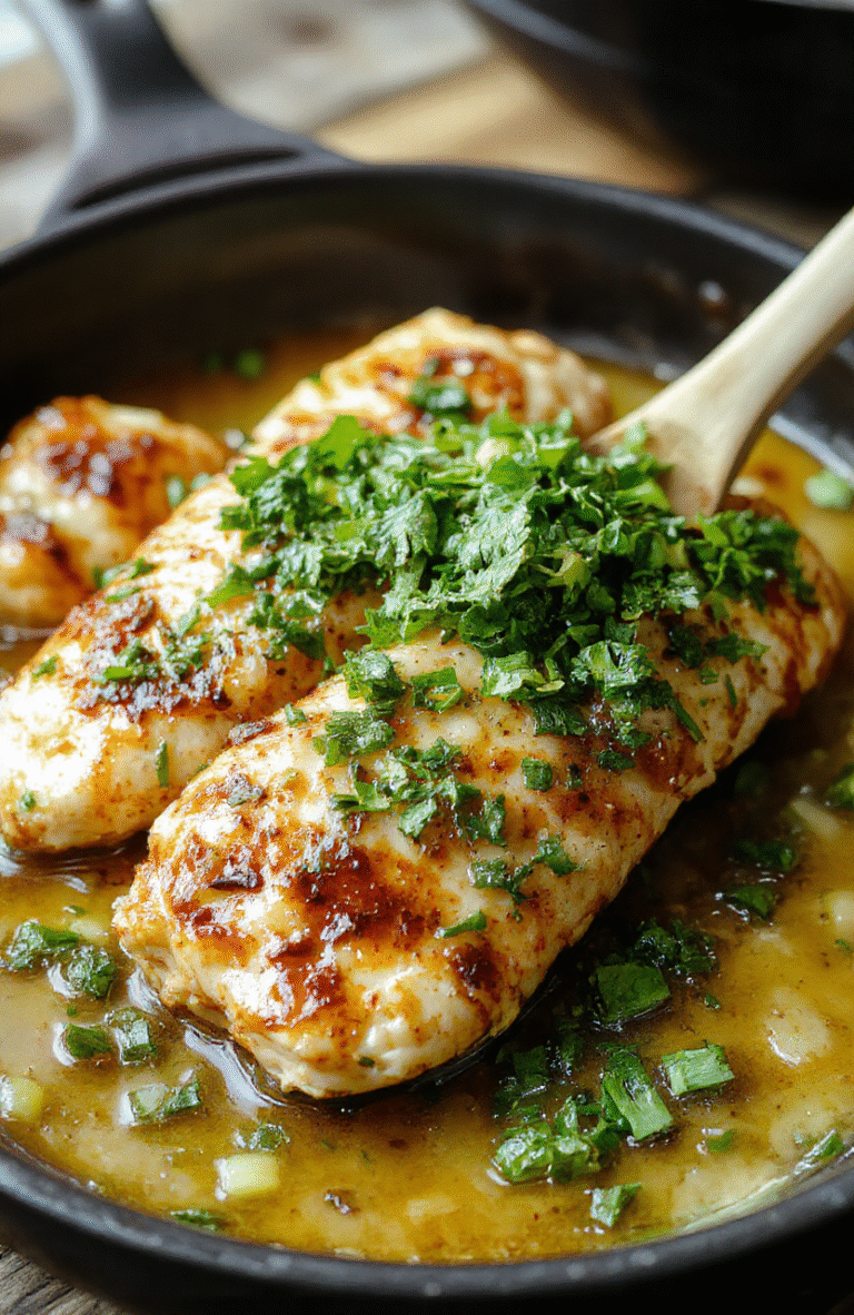 A vibrant skillet featuring tender, golden-brown chicken breasts topped with sliced green pepperoncini peppers, cherry tomatoes, and fresh herbs. The dish is plated on a rustic wooden table, with a side of colorful vegetables. The textures look juicy and succulent, with a hint of spice and acidity from the peppers, styled simply for a cozy dinner.