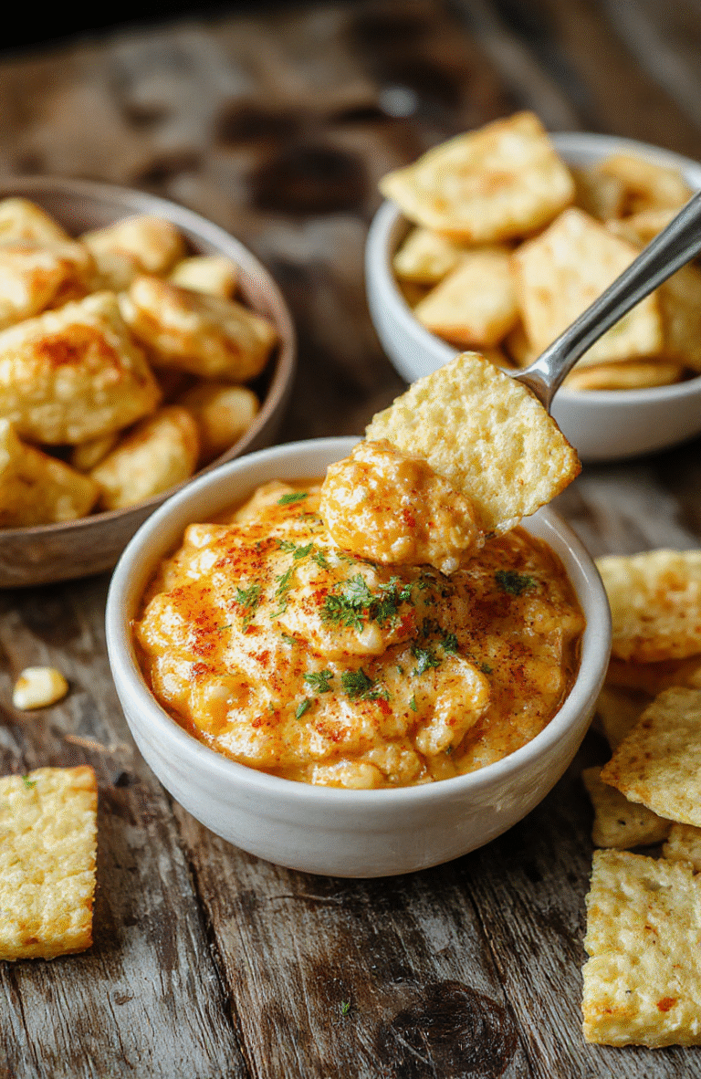 A vibrant bowl of hot crack corn dip with melted cheese and crispy bacon bits, garnished with chopped green onions on a rustic wooden table, inviting and creamy textures, colorful and appetizing visuals, styled simply for a cozy party vibe.
