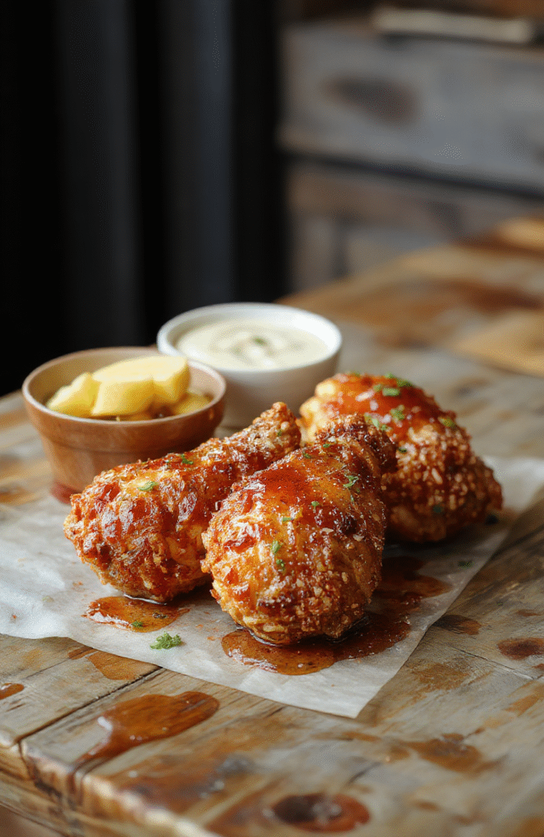 A golden baked chicken breast topped with a glossy, spicy honey glaze, garnished with sesame seeds and chopped green onions, served on a white plate with a side of vibrant vegetables, shot with natural light highlighting the crispy texture and colorful presentation, styled simply and appetizingly.