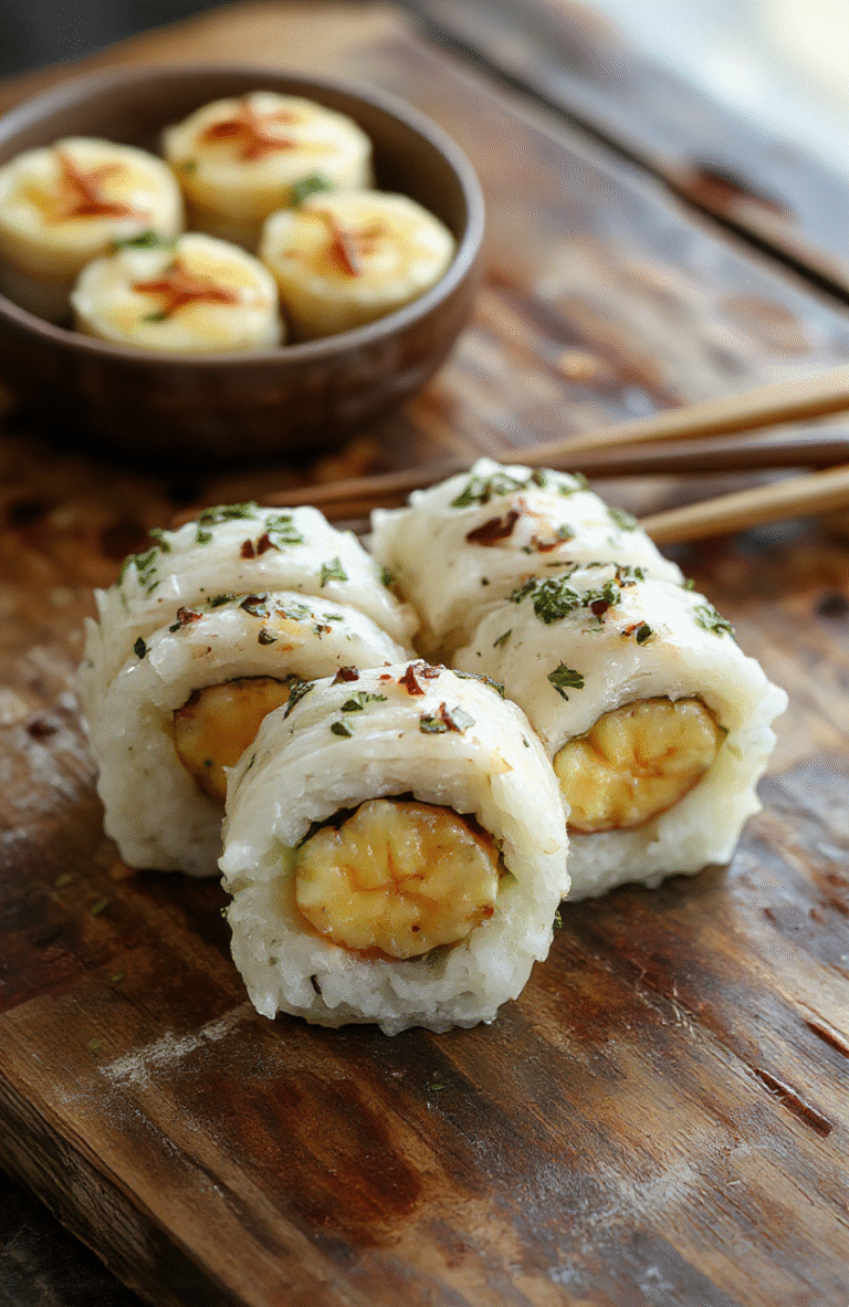 A vibrant plate featuring banana sushi rolled with colorful fruit fillings, topped with chocolate drizzle. The banana slices are arranged neatly on a rustic wooden surface, with their smooth texture contrasting the diced fruit fillings inside. Bright natural light highlights the playful, kid-friendly presentation, emphasizing the fresh ingredients and fun appearance perfect for a healthy snack.
