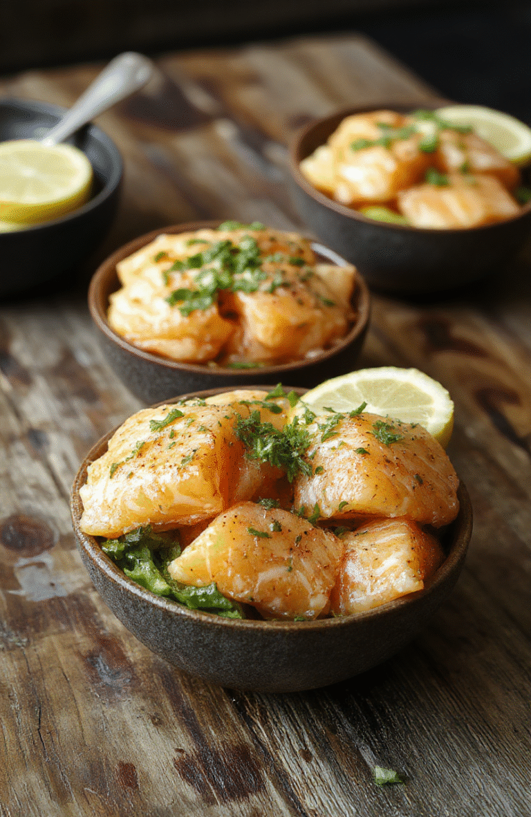 Colorful salmon bites arranged in a bowl with vibrant vegetables, drizzled with creamy sauce, garnished with green herbs, styled on a rustic wooden surface.