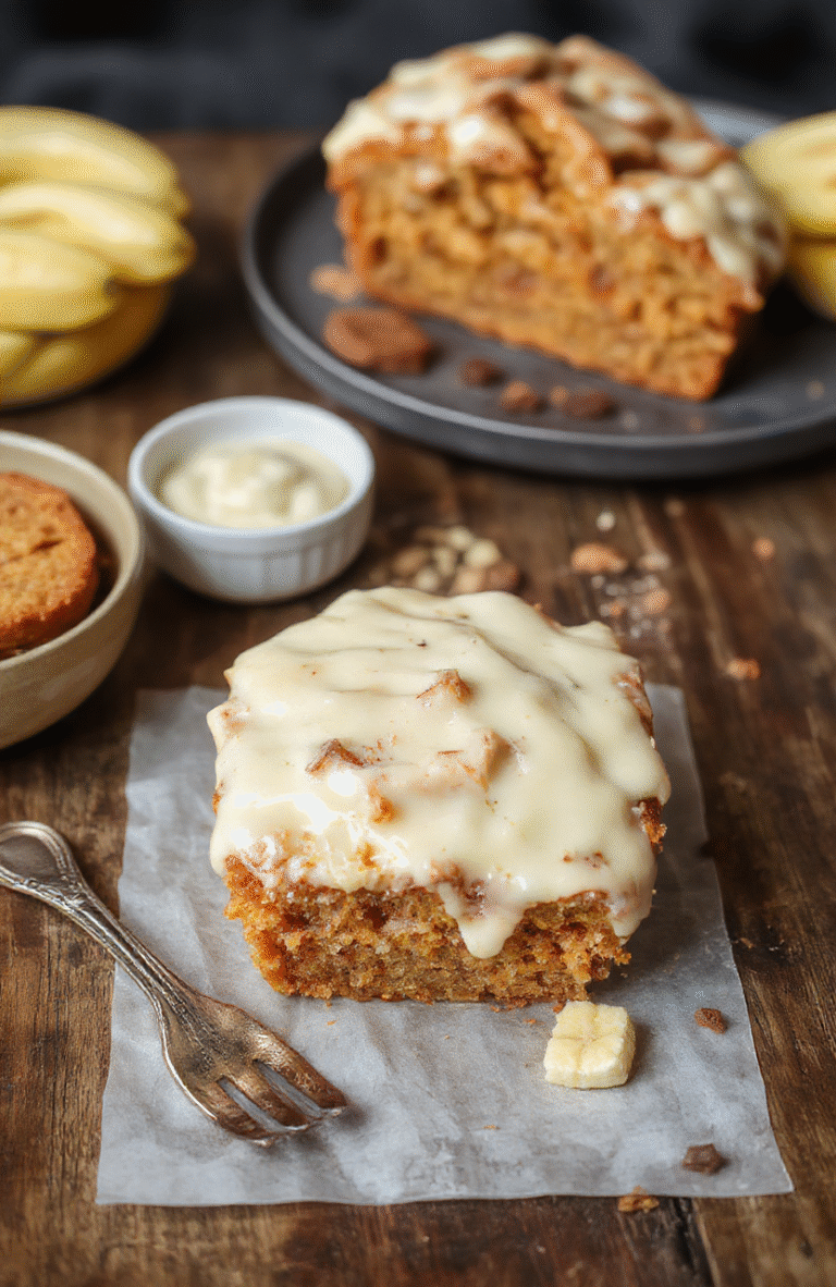 A sliced carrot cake banana bread loaf featuring a golden brown crust with visible shredded carrots and banana chunks. The slices are arranged on a white plate with a sprig of fresh mint, showcasing the moist, textured crumb. The background includes a rustic wooden table with soft natural daylight highlighting the vibrant orange and yellow hues of the bread, styled simply and invitingly.