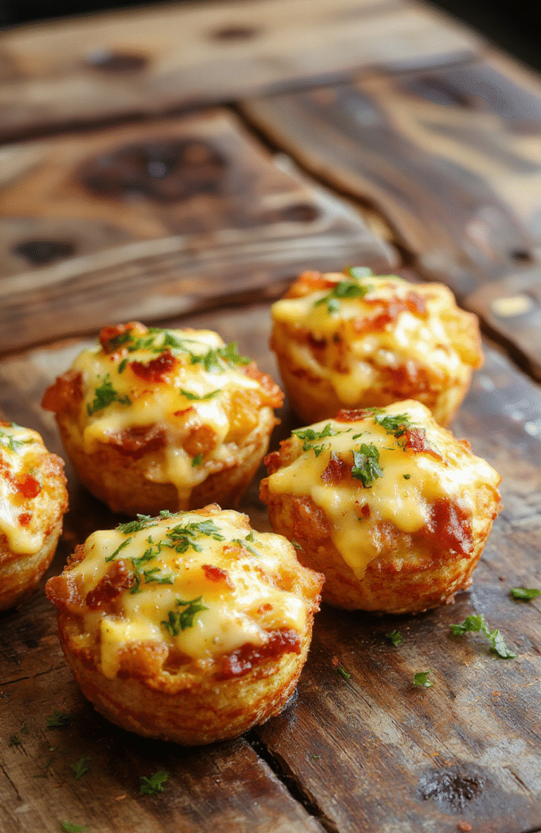 A close-up of golden, crispy tater tot cups filled with melted cheese and savory bacon bits, garnished with chopped green onions, arranged on a rustic wooden serving platter with a vibrant backdrop.