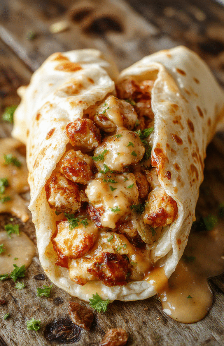 A close-up of cheesy garlic chicken wraps arranged on a white plate, showcasing golden-brown tortillas filled with shredded chicken, melted cheese, and fragrant garlic herbs. The wraps are sliced open to reveal gooey cheese, with fresh parsley sprinkled on top, styled for a casual, rustic dinner presentation.