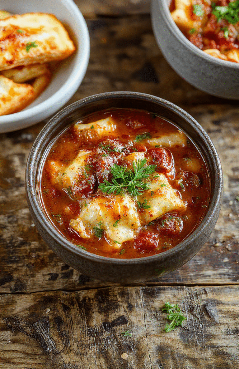 A vibrant bowl of lasagna soup topped with melted cheese, fresh basil, and hearty pasta, served with a spoon on a rustic wooden table, steam rising, colorful ingredients visible.