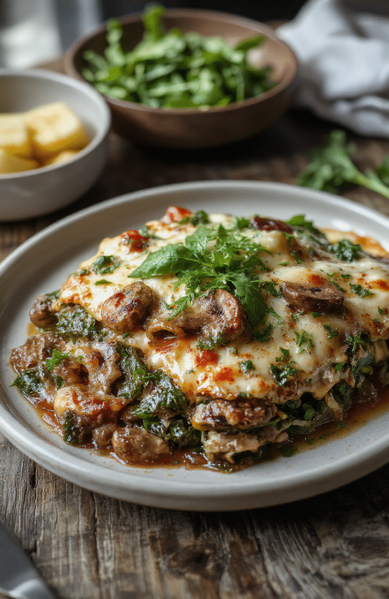 A vibrant plate of mushroom and spinach lasagna featuring layers of melted cheese, sautéed mushrooms, and fresh spinach, presented on a rustic wooden board with a sprig of basil. The lasagna appears golden and bubbly, with steam gently rising, and a side of crusty garlic bread in the background. The scene is warm, inviting, with natural lighting highlighting the textures and colors of the ingredients.