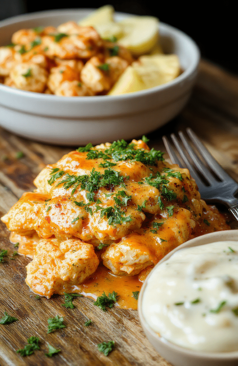 A vibrant, creamy buffalo chicken cauliflower casserole served in a white ceramic dish. The top is golden-brown with bubbling cheese, garnished with fresh chopped green herbs, accompanied by celery sticks and blue cheese crumbles on a rustic wooden table, with a background of warm, cozy kitchen lighting and a hint of red hot sauce drizzle.