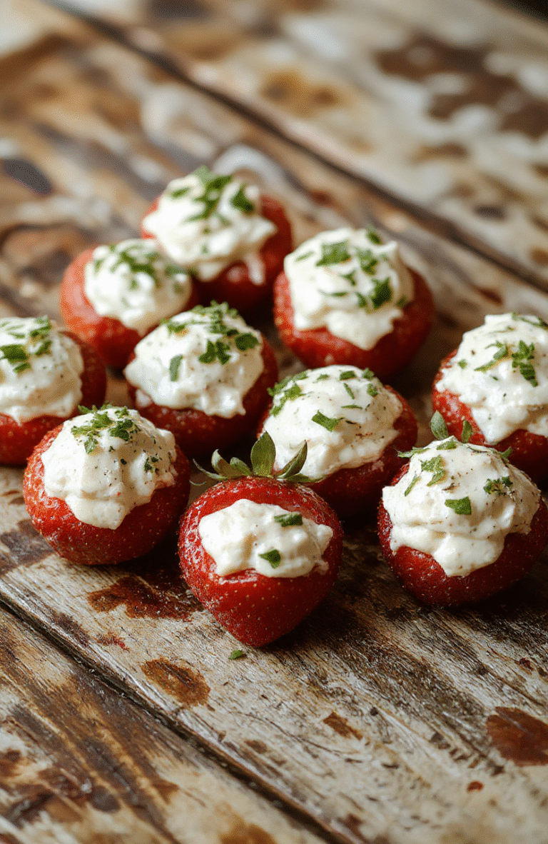 Colorful platter of deviled strawberries with a smooth, creamy filling, garnished with fresh herbs and sprinkled with spices, arranged on a white ceramic plate for a vibrant, inviting look.