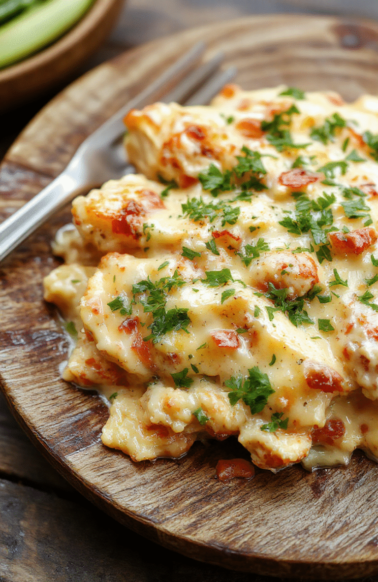 A creamy chicken casserole served in a rustic ovenproof dish, topped with melted cheese and fresh herbs. The casserole features tender shredded chicken, spinach, and cheese with a golden crust, set against a warm wooden background with natural daylight highlighting its rich textures and vibrant colors.