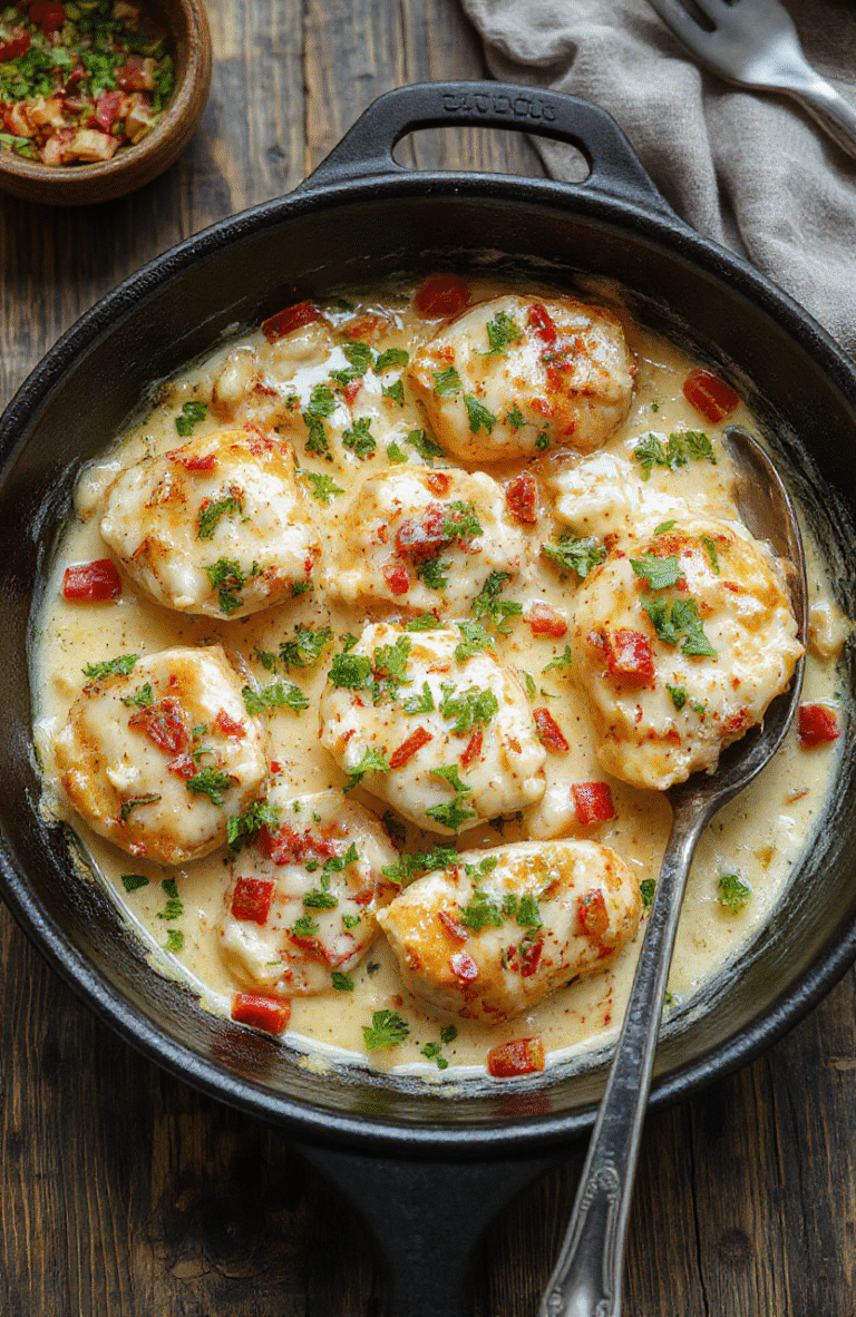 A vibrant plate featuring tender sliced chicken breasts coated in a creamy pepperoncini sauce, garnished with fresh herbs, served in a rustic skillet with colorful peppers and a sprinkle of herbs, showcasing rich textures and bold flavors, styled simply for a home-cooked appeal.