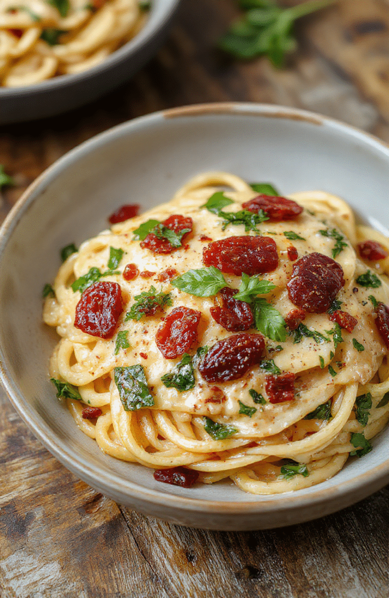 A vibrant plate of creamy sun-dried tomato spaghetti topped with fresh spinach and grated cheese, beautifully plated with a drizzle of olive oil on a rustic wooden table, with a fork twirling the pasta, colorful ingredients visibly contrasting against the white plate, styled with fresh herbs for an appetizing appearance.
