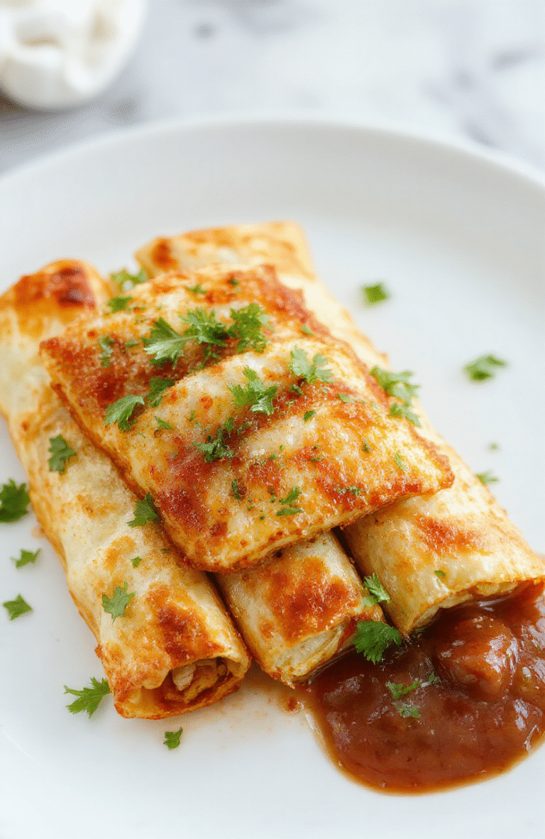 Golden crispy chicken taquitos served on a white plate with a side of salsa and fresh cilantro, flaky and crunchy exterior with tender chicken filling, vibrant garnishes, styled simply for an inviting presentation.