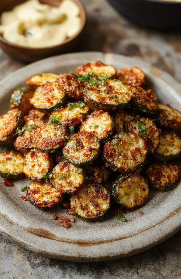 Golden-brown crispy parmesan zucchini slices arranged on a rustic wooden plate, garnished with fresh parsley. The zucchini has a crunchy texture with a cheesy melted topping, vibrant green zucchini contrasting with the golden crust. Soft natural light highlights the crispiness and the seasoning details, styled simply with a neutral background for an inviting, homely presentation.