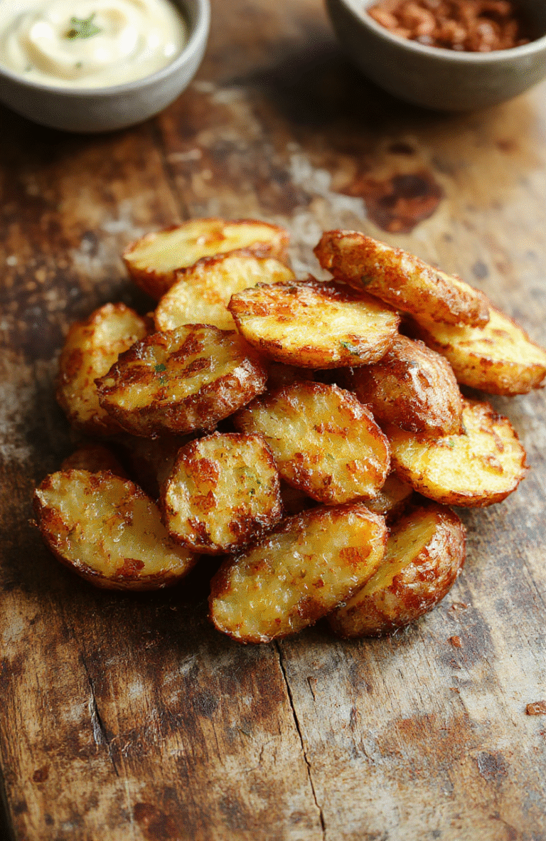 Golden crispy baked potato slices arranged on a white plate, garnished with fresh herbs and a sprinkle of sea salt, with a rustic wooden background and soft natural light highlighting their crispy texture and golden color.