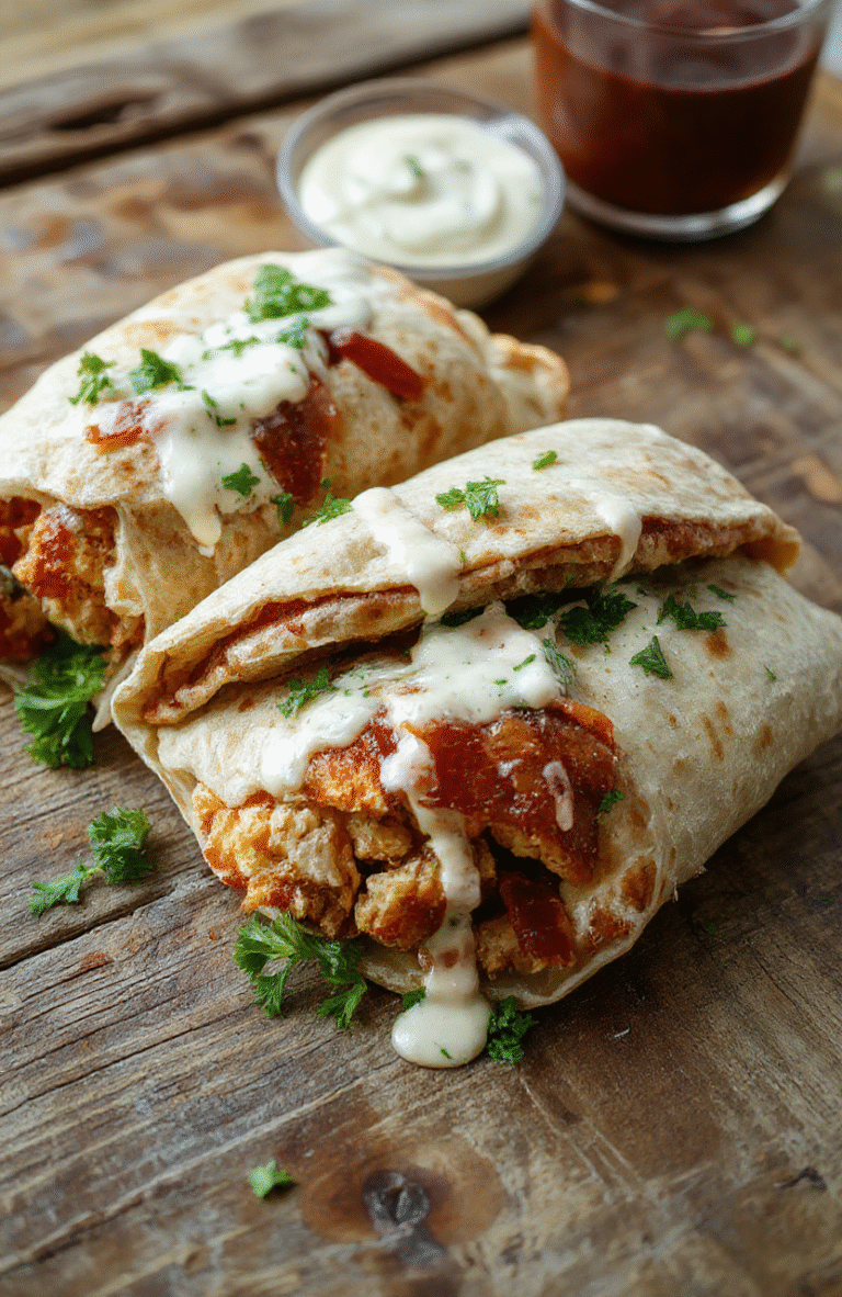 A vibrant plate of crispy chicken bacon ranch wraps arranged elegantly on a rustic wooden table. The wraps are golden brown with visible crispy edges, filled with tender chicken, smoky bacon, fresh lettuce, and creamy ranch sauce. The scene includes a small bowl of extra ranch on the side, with scattered herbs and slices of tomato for garnish, styled in a casual, inviting manner.