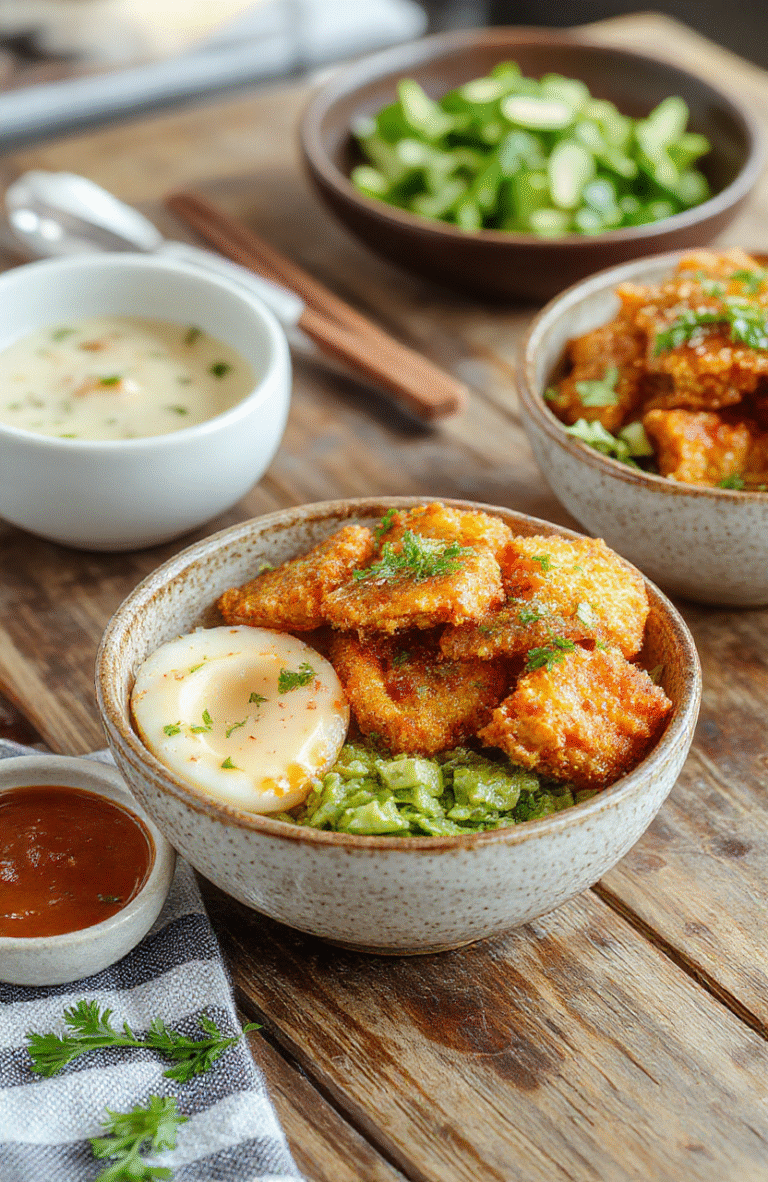 A vibrant bowl filled with crispy golden chicken katsu slices laid over fluffy white rice, topped with shredded cabbage and drizzled with rich, homemade tonkatsu sauce, styled with fresh green garnish and a clean white background