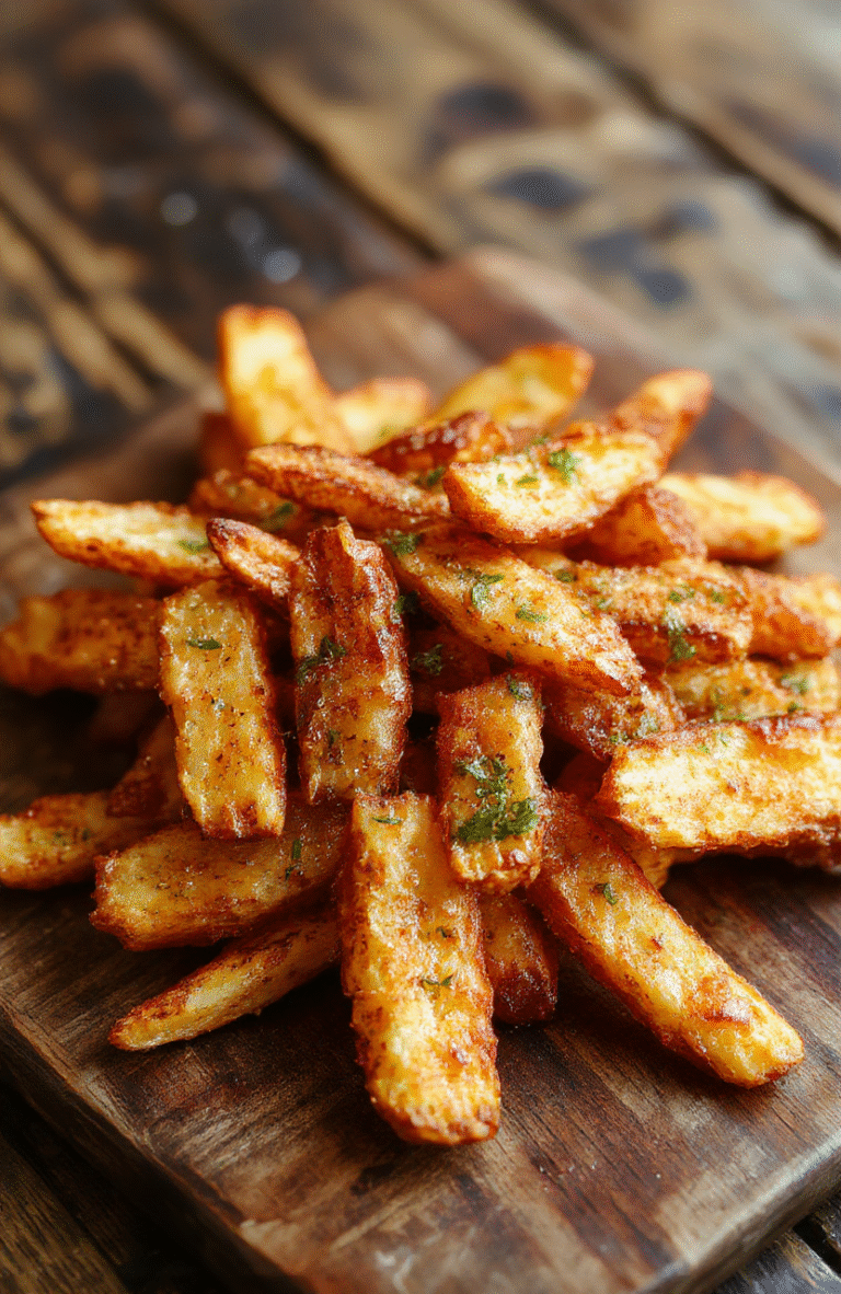 Golden-brown crispy sweet potato fries arranged on a rustic white plate, with a sprinkle of sea salt and herbs. The fries are textured with a crispy exterior and soft interior, styled simply on a wooden table with natural daylight highlighting their vibrant orange color.