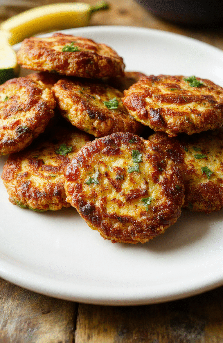 Golden brown crispy zucchini fritters stacked on a white plate, garnished with fresh herbs, with a crispy textured surface, vibrant green zucchini inside, styled simply on a neutral background.