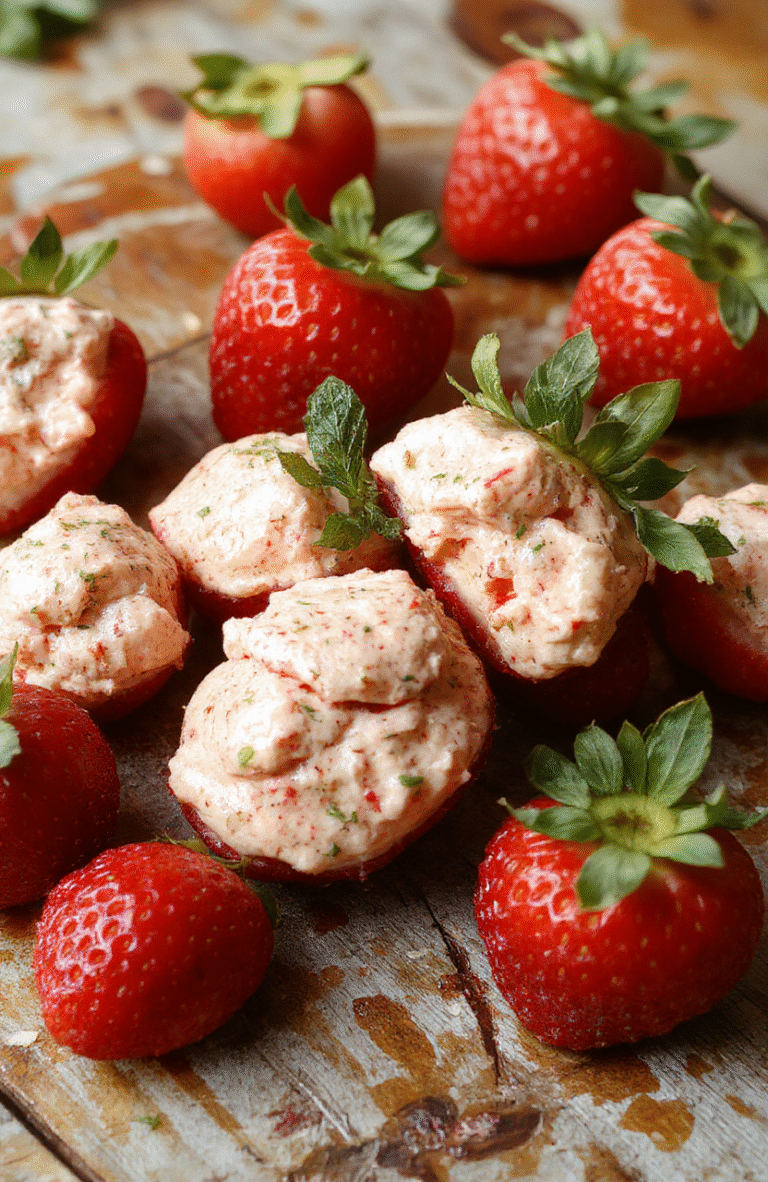 A vibrant platter of deviled strawberries with creamy filling, garnished with chopped herbs and a drizzle of sauce. The strawberries are glossy, red, and perfectly ripe, arranged on a white ceramic plate with fresh greenery beside it. The setting is bright and inviting, highlighting the fresh textures and colorful presentation of this sweet appetizer.