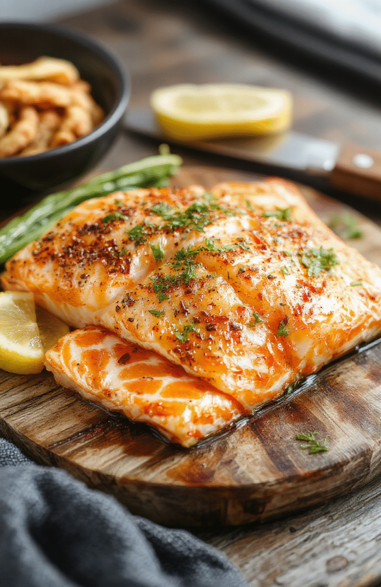 A perfectly cooked flaky salmon fillet with crispy edges, plated on a rustic wooden board, garnished with lemon slices and fresh herbs, with a hint of seasoning on top. The vibrant pink-orange color contrasts with the green herbs, and the textured flaky layers are visible, creating an appetizing and inviting presentation.