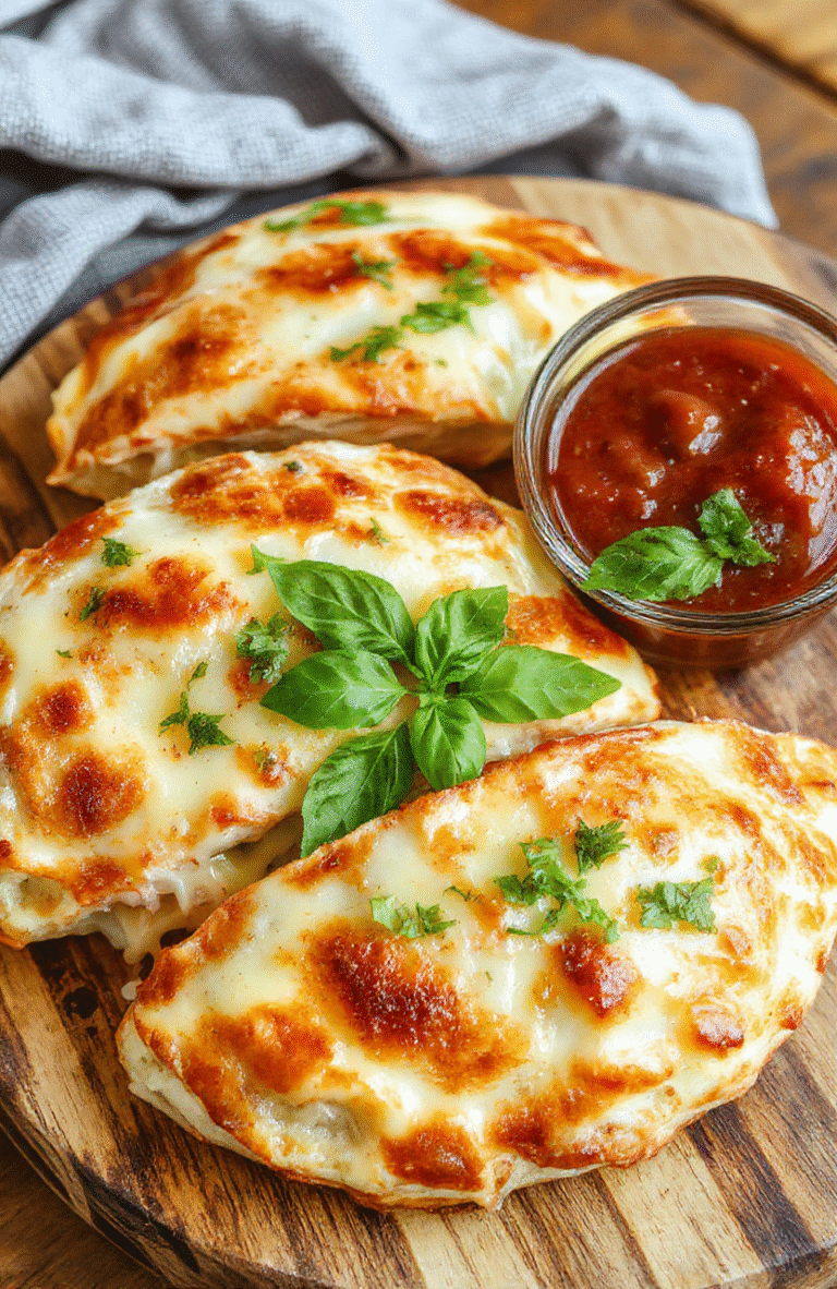 Golden brown air fryer calzones on a rustic wooden platter, with melted cheese oozing and crispy edges, garnished with fresh basil, served alongside marinara sauce, with a textured cloth beneath, vibrant and appetizing.