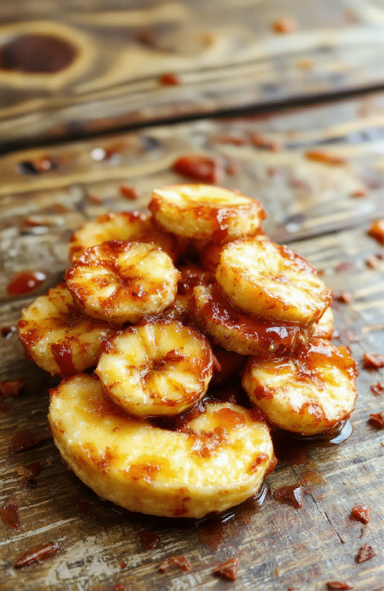 A vibrant plate of caramelized bananas, golden brown and glossy, arranged neatly with a sprinkle of cinnamon, styled on a rustic wooden surface with soft natural light highlighting the textures and shine of the caramel glaze.