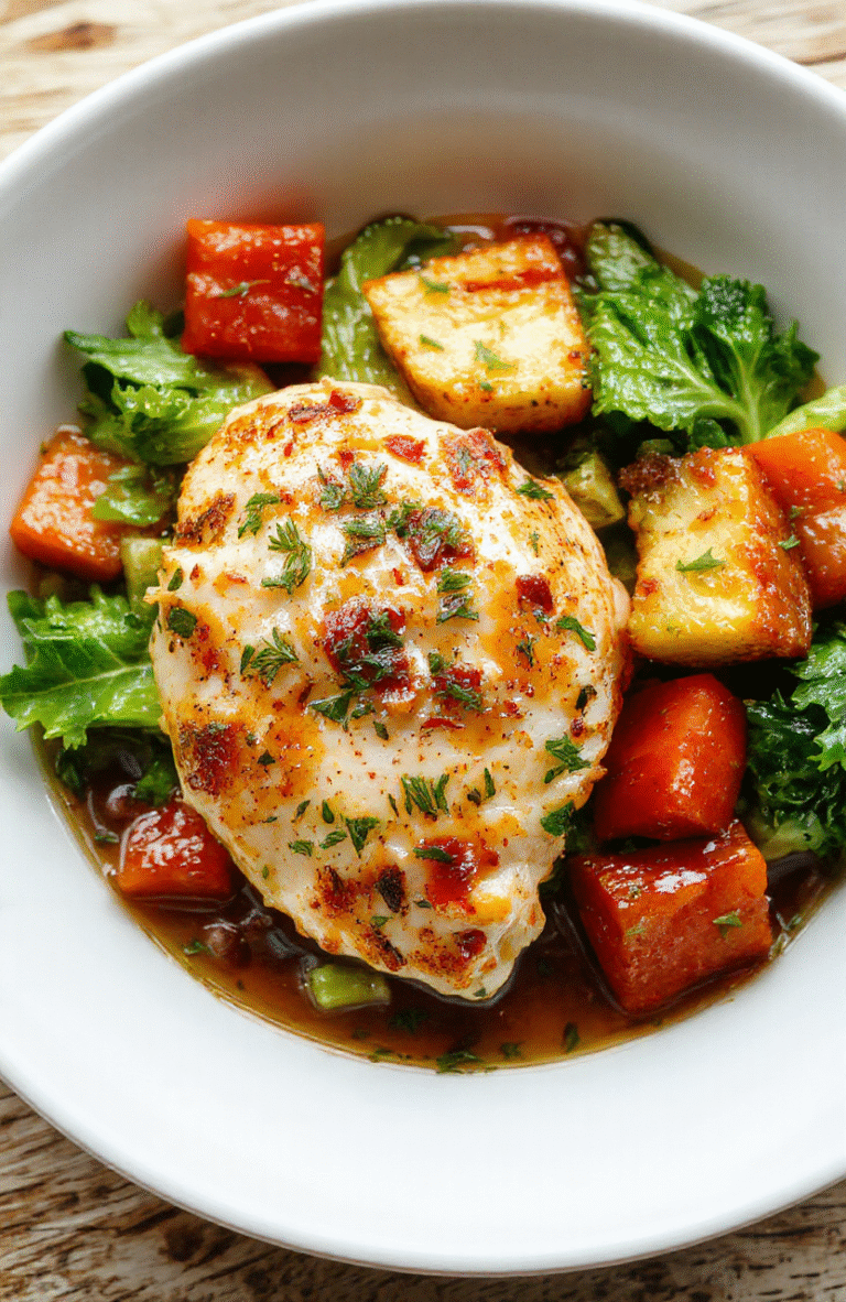 Colorful crispy air fryer chicken breasts topped with fresh herbs, surrounded by vibrant mixed vegetables roasted to perfection, all arranged on a white plate with a clean kitchen background, showing textures of juicy chicken and tender vegetables.