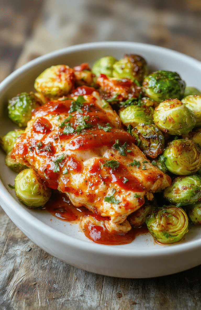 Brightly colored plate featuring crispy sweet chili glazed chicken pieces alongside roasted Brussels sprouts, seared to golden perfection, styled simply on a neutral-colored plate with vibrant vegetables and glossy sauce, textural contrast between tender meat and crisp vegetables.