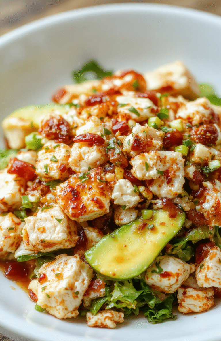 Colorful Asian chicken crunch salad on a white plate featuring shredded chicken, crunchy vegetables like cabbage and carrots, topped with sesame seeds and crispy wonton strips, vibrant and fresh presentation with a glossy dressing.