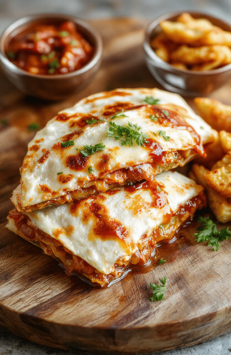 A vibrant plate of BBQ chicken quesadilla sliced into wedges, showing melted cheese, grilled chicken pieces, and barbecue sauce drizzled on top, with a side of fresh salsa and cilantro garnish, styled rustic on a wooden table.