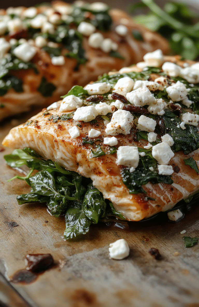 A plated baked salmon fillet topped with vibrant spinach and crumbled feta cheese, garnished with fresh herbs, served on a white plate with a lemon wedge, colorful vegetables in the background, textured flaky fish with a crispy edge, inviting and appetizing presentation with natural lighting.