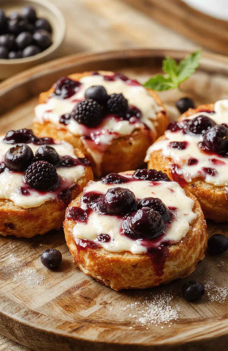 A golden-brown blueberry cream cheese bread sliced to reveal a vibrant blueberry filling and creamy swirls, garnished with fresh blueberries and a dusting of powdered sugar on a rustic wooden plate with a soft blurred background.
