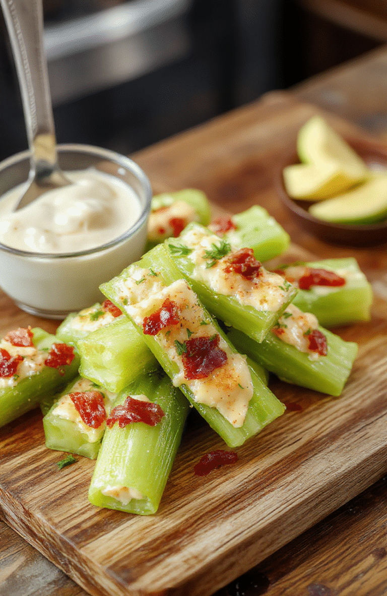 A vibrant plate of stuffed celery sticks featuring crisp celery filled with creamy cheddar cheese blend, topped with crispy bacon bits and a drizzle of ranch dressing. The presentation is fresh with green celery against a neutral wooden background, highlighting the textures and colors of the ingredients for an inviting snack.