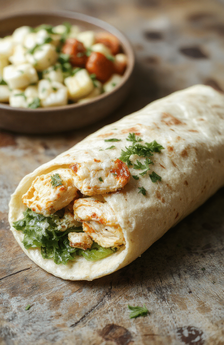 A vibrant Chicken Caesar Wrap neatly sliced to reveal crisp romaine lettuce, tender grilled chicken, and creamy Caesar dressing, all wrapped in a golden toasted tortilla, styled on a rustic wooden surface with fresh ingredients scattered around.